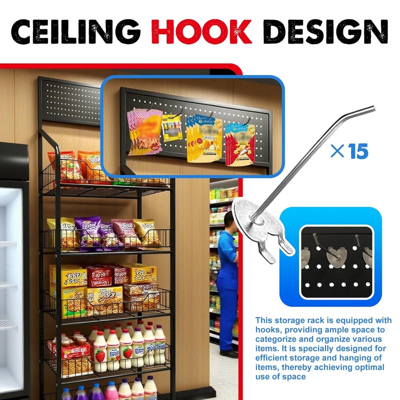 Nerxerx 5 Tier Retail Candy Display Rack Metal Storage Shelf with Wheels & 15 Hooks Concession Candy Snack Display Racks Sturdy and Stable Chip Shelf Rack for Stores, Kitchen, Office (5 Tier Black 50cm) - Image 4